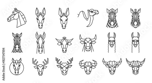 A collection of stylized geometric animal head illustrations with various species.