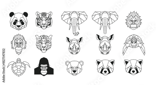 Geometric animal portraits, featuring panda, tiger, elephant, lion, and others.