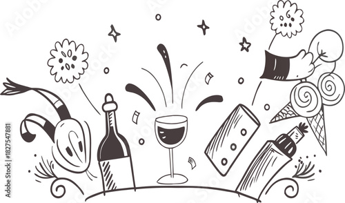 Celebration illustration with wine fireworks and chef hats