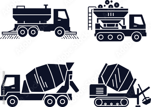 Construction Vehicle Silhouettes Cement Trucks and Mixer Trucks Keywords: construction, vehicles, equipment, machinery, cement