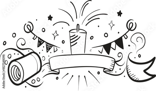 Hand drawn birthday celebration with candle banner and confetti