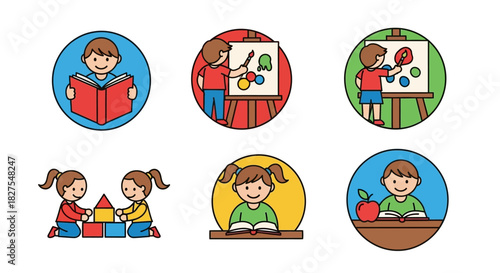 Children learning and playing with blocks, painting, and reading books