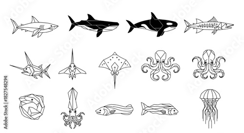 A collection of various stylized marine animals and creatures in black and white.