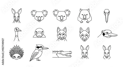 Geometric line art illustration featuring various Australian animals, including kangaroos, koalas, and birds.