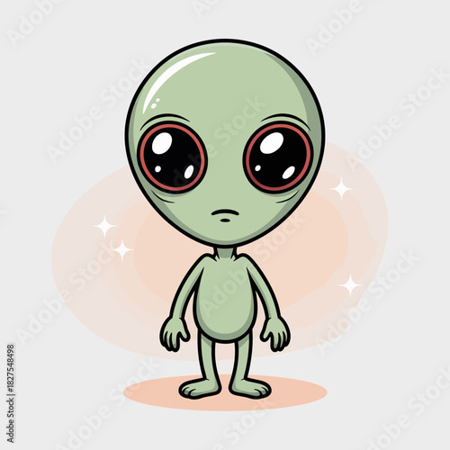 An enchanting green alien character with big round eyes stands with an innocent expression, capturing the imagination of extraterrestrial beings and their whimsical presence in pop culture.