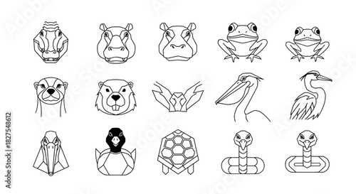 Outlined illustrations of various animal faces, showcasing diverse species in geometric style.