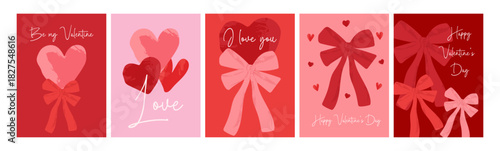 A set of five Valentine's Day greeting card designs featuring hearts and bows. The concept of love and romance sets the festive mood.
