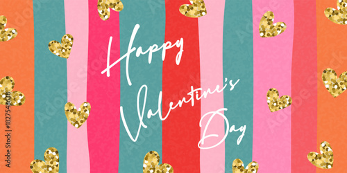 Valentine's Day greeting card or banner design with a glittery heart and colorful striped pattern. Concept of love and romance for the holiday celebration.
