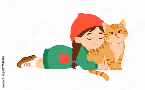 A joyful girl cuddles with her adorable cat, emphasizing the warmth of companionship and love, beautifully captured in a cheerful and colorful illustration.
