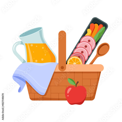 A stylish picnic basket filled with an assortment of neatly arranged foods, including fruits, veggies, and drinks, inviting viewers to enjoy an outdoor dining experience.