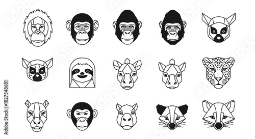 A collection of stylized animal portraits, presented in a geometric, minimal style.