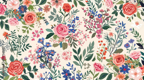 A vibrant floral pattern featuring an array of colorful roses, delicate wildflowers, and lush green foliage, creating a cheerful botanical design.