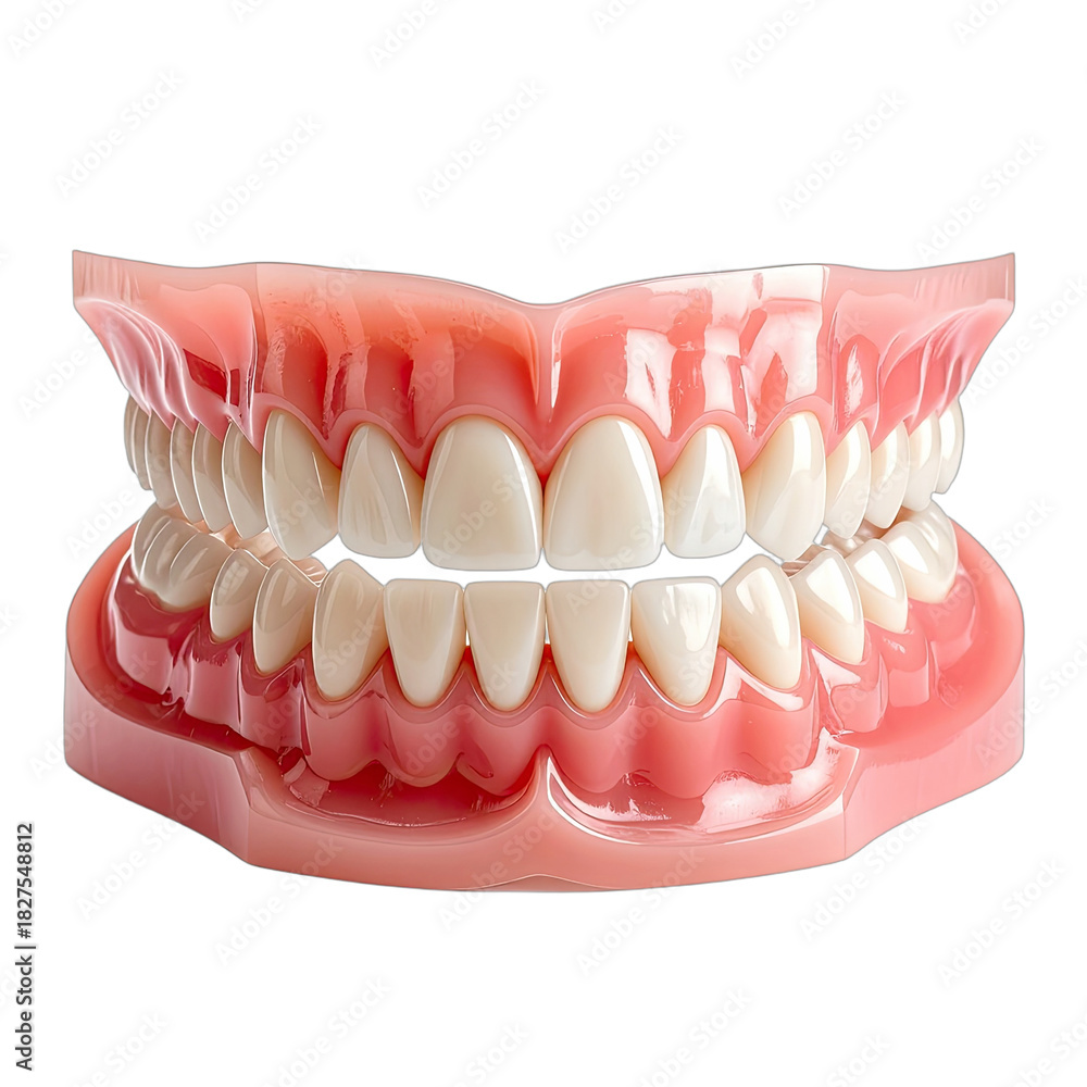 Obraz premium A close-up view of a dental teaching model showcasing a full set of white teeth and pink gums against a black background.