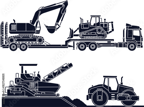 Dark blue construction vehicles including excavator on trailer bulldozer truck asphalt paver and roller