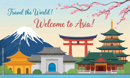 Explore the beauty of Asia with this artistic representation showcasing iconic landmarks, nature, and traditional architecture in vibrant colors.