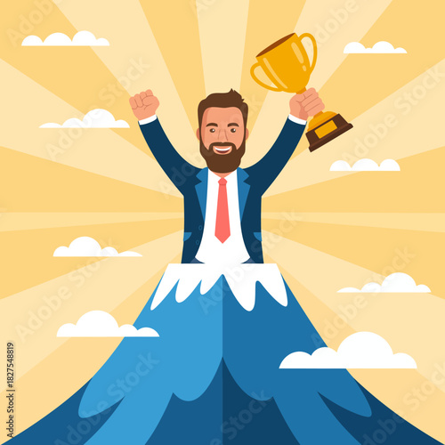 A triumphant man stands atop a mountain, raising a trophy high in the air, symbolizing success, achievement, and the fulfillment of personal goals and hard work in life.