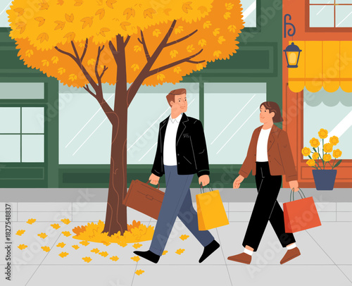 Two people stroll down a leaf-covered street in autumn while carrying shopping bags, embodying the joy of seasonal experiences and urban wellness amid beautiful surroundings.