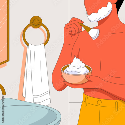 This illustration portrays a man shaving in a contemporary bathroom, showcasing stylish design elements while emphasizing personal grooming and self-care routines.