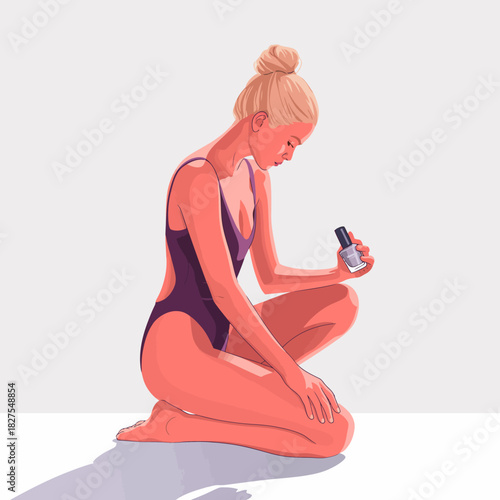 A minimalist depiction of a woman in a swimsuit, sitting while applying nail polish, representing self-care and beauty rituals in a modern and artistic manner.