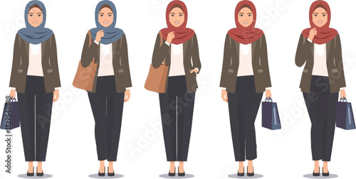 Illustration of a diverse group of Muslim women wearing hijabs and professional attire, representing different styles.