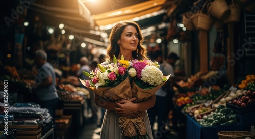 Elegant woman with flower bouquets strolls through vibrant traditional market scene