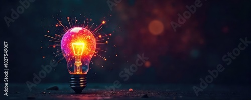 A lightbulb bursts with vibrant, colorful light against a dark background, symbolizing a brilliant and innovative idea, a sudden flash of insight, and problem-solving success , dark, electric
