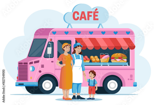 A happy family poses in front of a pink food truck, showcasing delicious treats, emphasizing joy, family bonds, and the excitement of enjoying tasty food together.