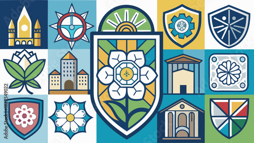 Very beautiful vector icon set featuring simplified Yorkshire emblems in clean geometric shapes, crisp lines, and smooth color fields, designed in a modern minimal style on a white isolated background