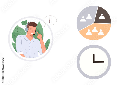 Customer service agent wearing a headset, speech bubble indicates communication. Accompanied by a segmented team diagram and clock. Ideal for communication, collaboration, time management, customer