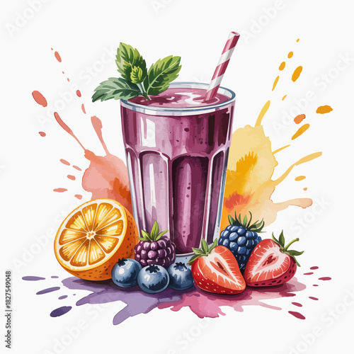 This vibrant illustration showcases a delicious berry smoothie surrounded by fresh fruits, capturing a refreshing and healthy drink option with artistic flair.