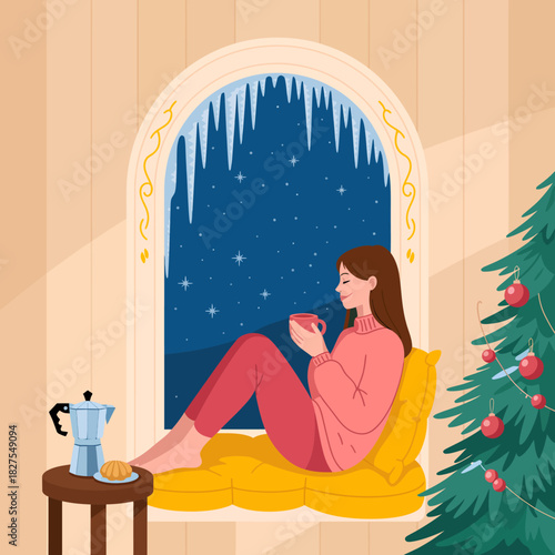 A tranquil winter scene shows a woman enjoying a warm drink by the window, surrounded by snow, with a beautifully decorated Christmas tree in the corner, evoking peaceful winter vibes.
