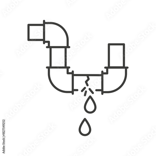 damaged pipe, broken plumbing, thin line illustration