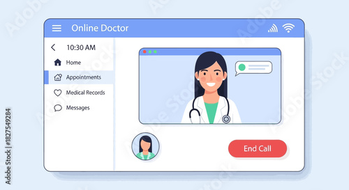 Online doctor appointment application interface with female doctor on screen