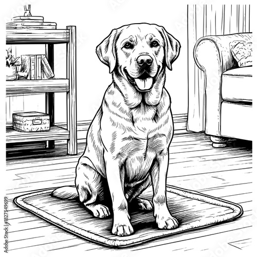 A Labrador or retriever is sitting on a mat in the house, a black and white sketch. vector illustration. The dog is sitting next to the sofa, isolated in white51