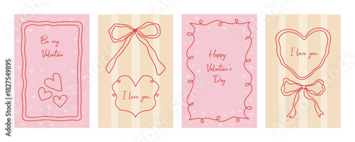 A set of four doodle-style Valentine's Day cards with a heart, ribbon, and text for a declaration of love, holiday greeting, or romantic celebration.