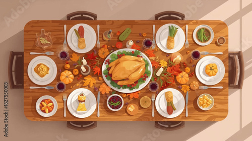 An overhead view of a beautifully set Thanksgiving table, featuring a roasted turkey surrounded by various side dishes and autumn decorations.