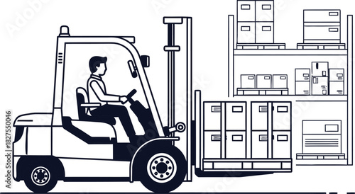Forklift Operator Moving Pallets of Boxes in a Warehouse with Shelving Keywords: forklift, warehouse, logistics, shipping, delivery