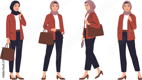 An illustrated depiction of a stylish Muslim woman in various poses, wearing a hijab, blazer, and carrying a bag, showcasing modern fashion.