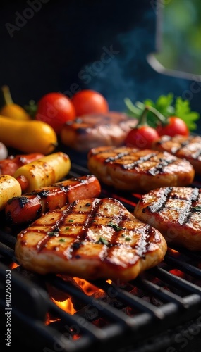 A sizzling array of grilled meats and vegetables on a hot grill, displaying delicious char marks and vibrant colors Perfect for summer cookouts and BBQs , backyard, feast, grilling tools