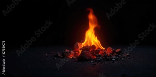 A single, smoldering ember glows intensely against a stark black background, isolated and alone, representing the aftermath of a fire, extinction, or the end of something significant , ember, ash