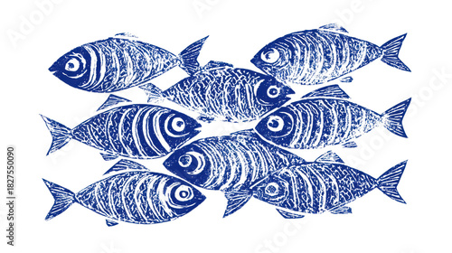 Aquatic harmony: A captivating illustration featuring several fish gracefully swimming together. Their textured blue bodies create a beautiful display of underwater unity. 