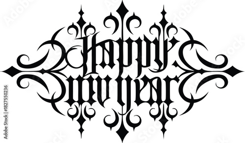 Elegant gothic style happy new year text design with ornate flourishes