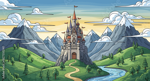 Fairytale castle on a hill with mountains, river, and clouds in the background