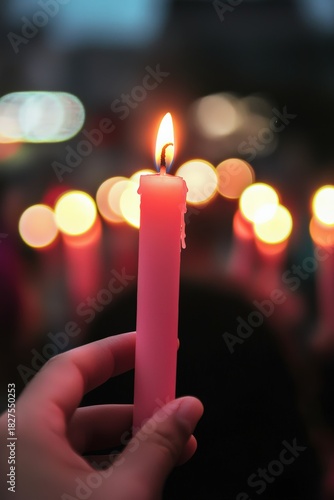 Hand holding a pink burning candle with flame against a bokeh background of light, symbolizing hope, remembrance