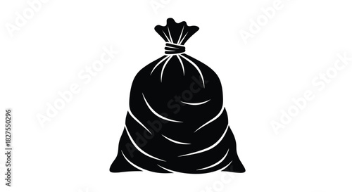 Simple graphic icon of a full black plastic garbage bag, tightly tied at the top, symbolizing waste, trash, and disposal concepts.