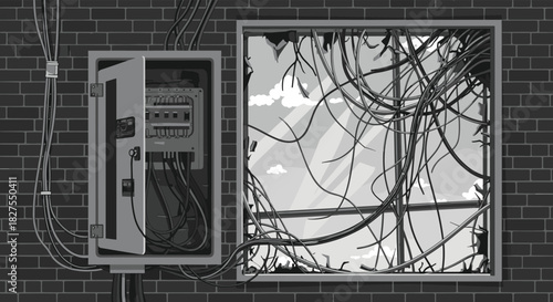 Grayscale pixel art depicting an open electrical panel with exposed wires next to a broken window filled with tangled cables on a brick wall.