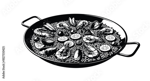 A classic seafood paella, a traditional Spanish rice dish with shrimp, mussels, and lemon, served in a wide, shallow pan.