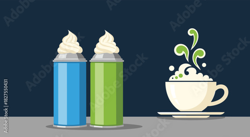 Two colorful whipped cream cans stand beside a coffee cup topped with frothy cream and decorative green accents, illustrating dessert toppings.