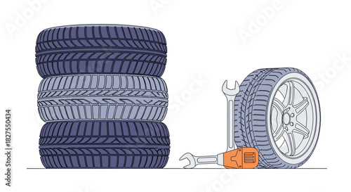 An illustration depicting automotive tire service, featuring a neat stack of four tires and a single wheel with two wrenches, on a clean white background.