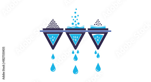 Conceptual illustration of water purification and filtration through three distinct stages, showing different filter media and clean water output.